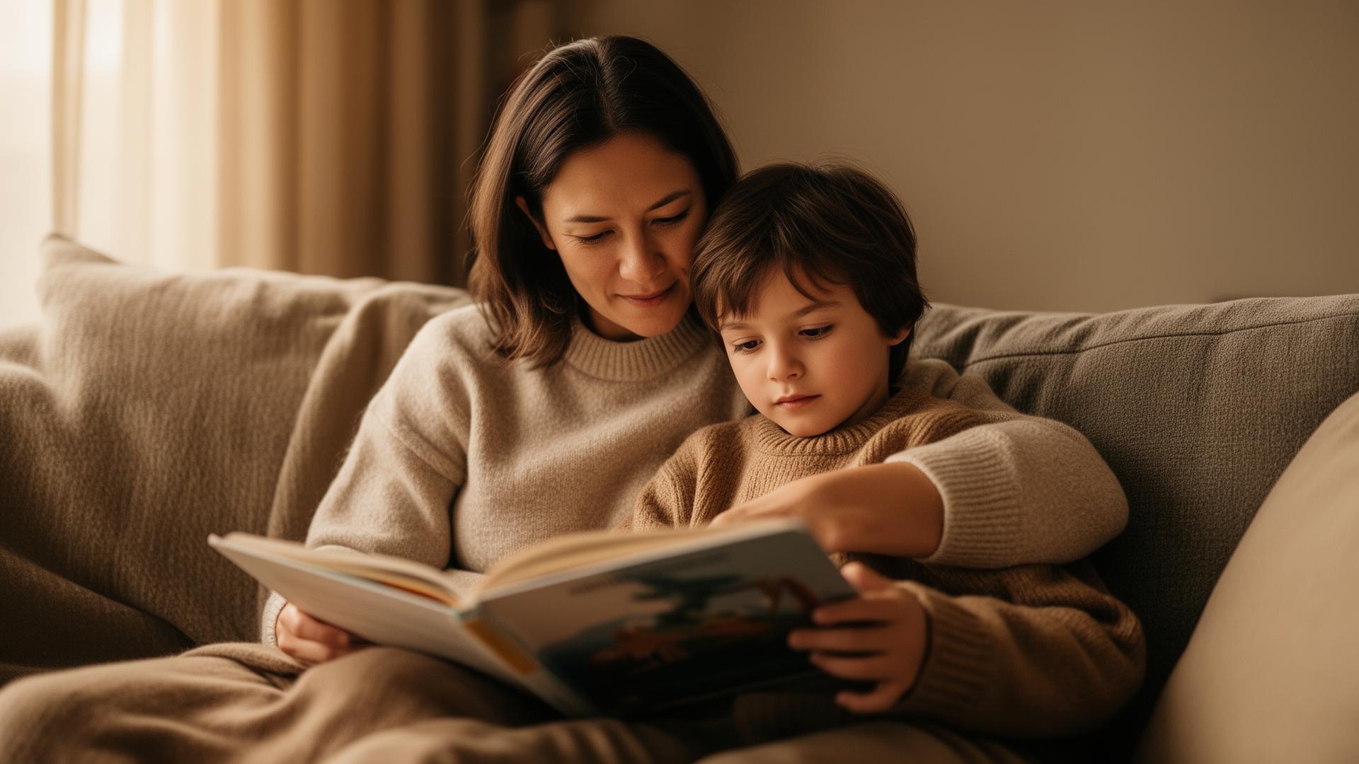 Mutter und Kind lesen gemeinsam